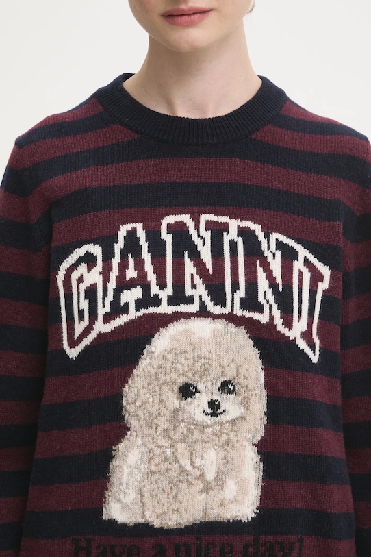 Svetr s příměsí vlny GANNI Graphic Wool Mix Poodle Stripe burgundské K2567