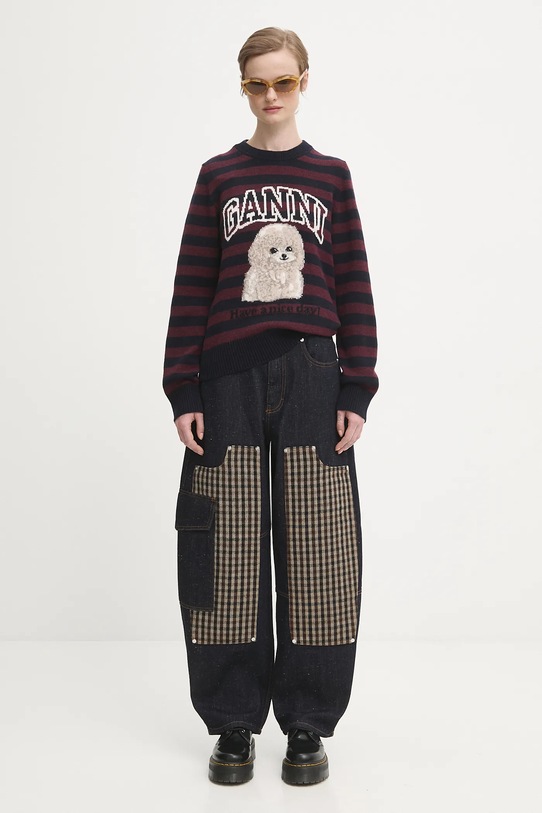 GANNI sweter z dodatkiem wełny Graphic Wool Mix Poodle Stripe K2567 bordowy