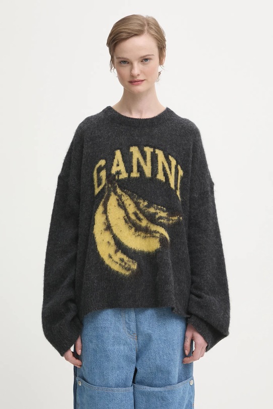 GANNI sweter z dodatkiem wełny Fine Brushed Alpaca Banana Oversized okrągły szary K2516