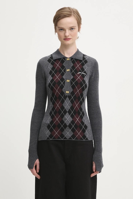 GANNI sweter wełniany Fine Merino Jacquard wełna szary K2314
