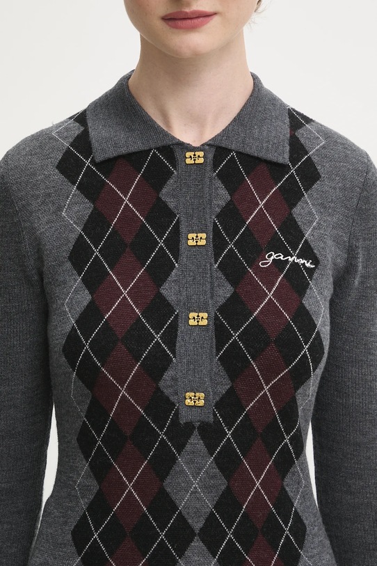 GANNI sweter wełniany Fine Merino Jacquard szary K2314
