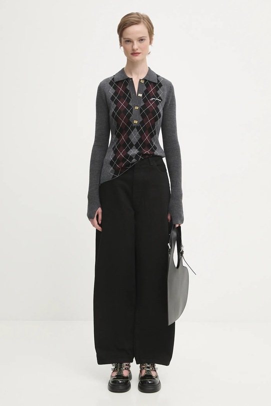 GANNI sweter wełniany Fine Merino Jacquard K2314 szary