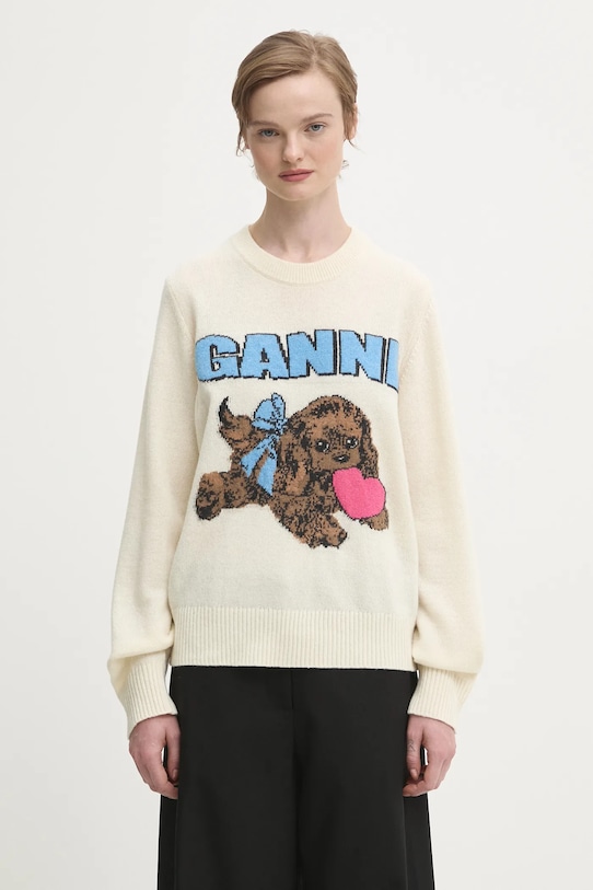 GANNI pulover din amestec de lână Graphic Wool Mix Fluffy Puppy Love rotund bej K2562