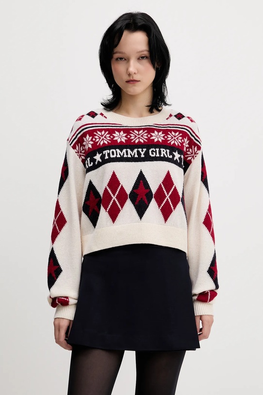 Tommy Jeans sweter wełniany okrągły beżowy DW0DW22498