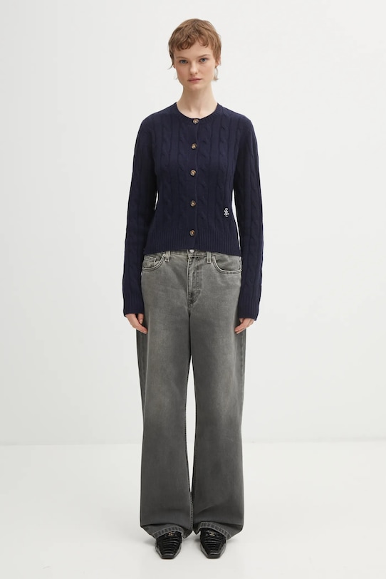 Vlněný kardigan Sporty & Rich SRC Cableknit Cashmere CA00365302BL106 námořnická modř