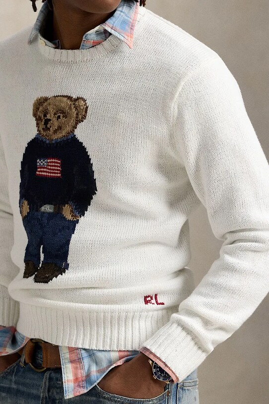 Odzież Polo Ralph Lauren sweter lniany Lscrflagbear Long Sleeve 710977415 biały