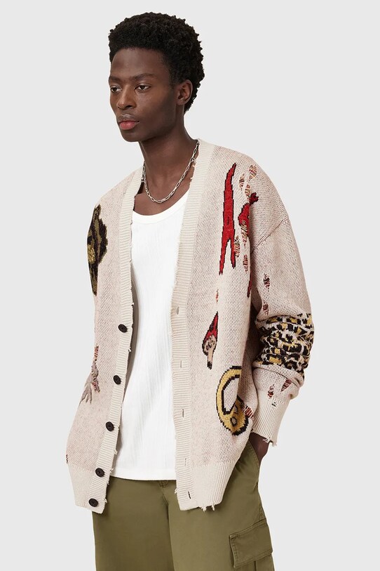 AllSaints kardigan z domieszką wełny JAY szpic beżowy M035KC