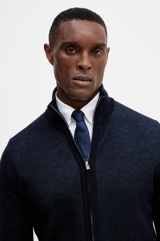 Vlnený kardigán BOSS tmavomodrá 50543153