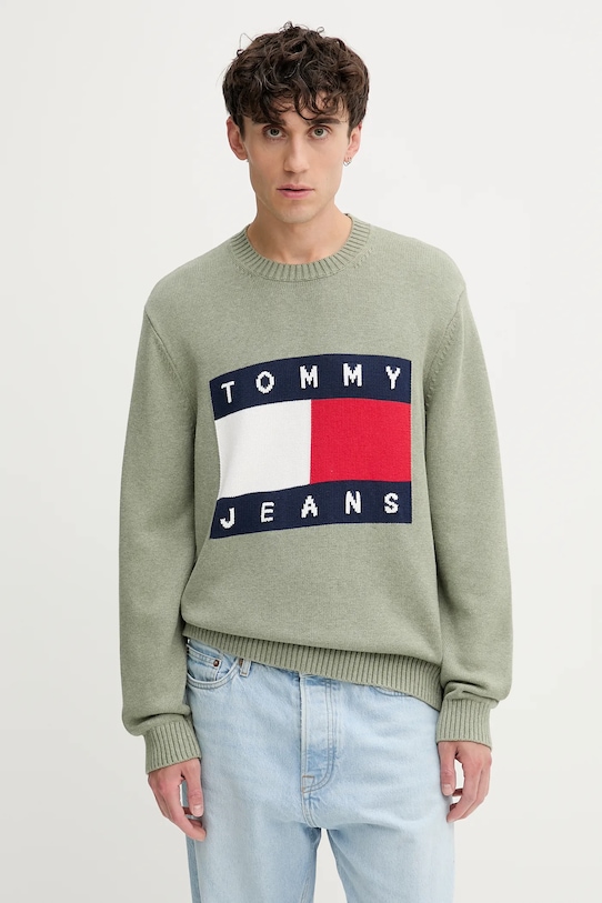 Памучен пуловер Tommy Jeans памук зелен DM0DM22105