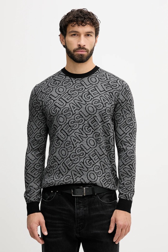 Guess sweter z domieszką jedwabiu JARROD okrągły szary M5BR11.Z0442