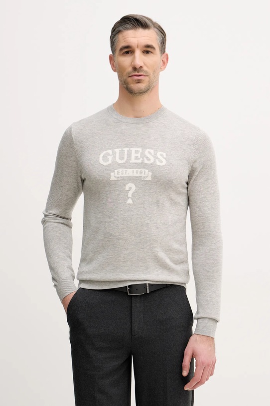 Guess sweter z domieszką jedwabiu HAMMOND okrągły szary M5YR00.Z0122