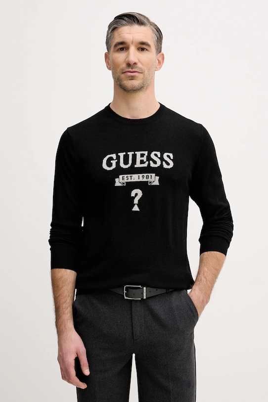 Guess sweter z domieszką jedwabiu HAMMOND okrągły czarny M5YR00.Z0122