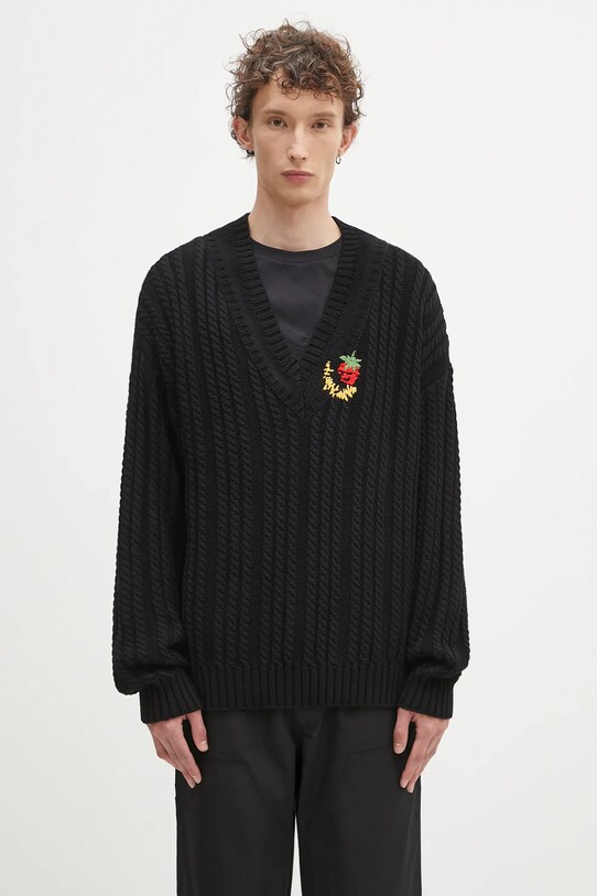 Sky High Farm sweter bawełniany Cableknit v-neck bawełna czarny SHF07N005