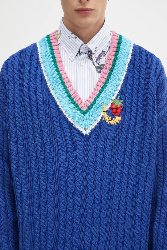 Sky High Farm pulover Cableknit v-neck albastru SHF07N007