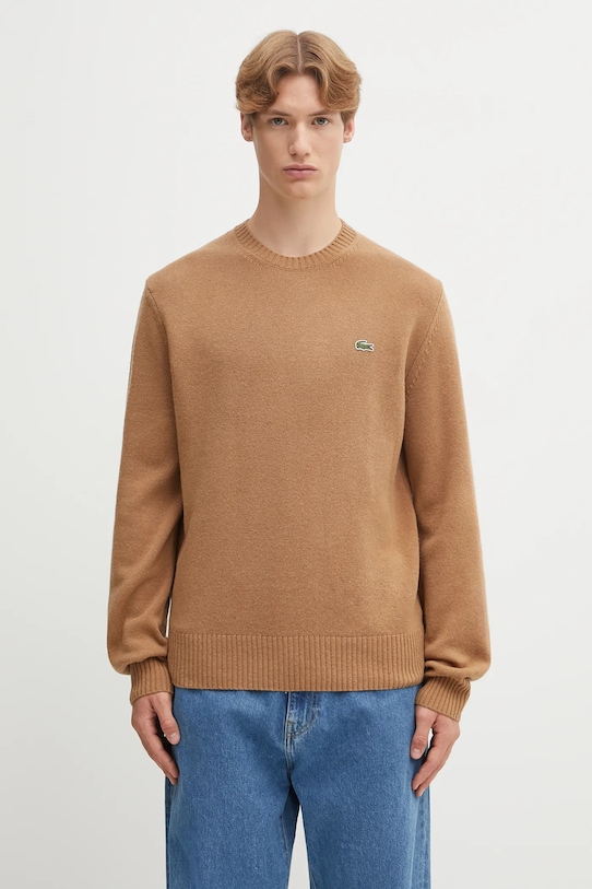 Lacoste sweter wełniany okrągły brązowy AH2916