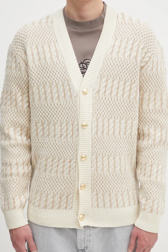 Drôle de Monsieur kardigan wełniany Le Cardigan Torsades Bicolore beżowy H.CA160.WO018