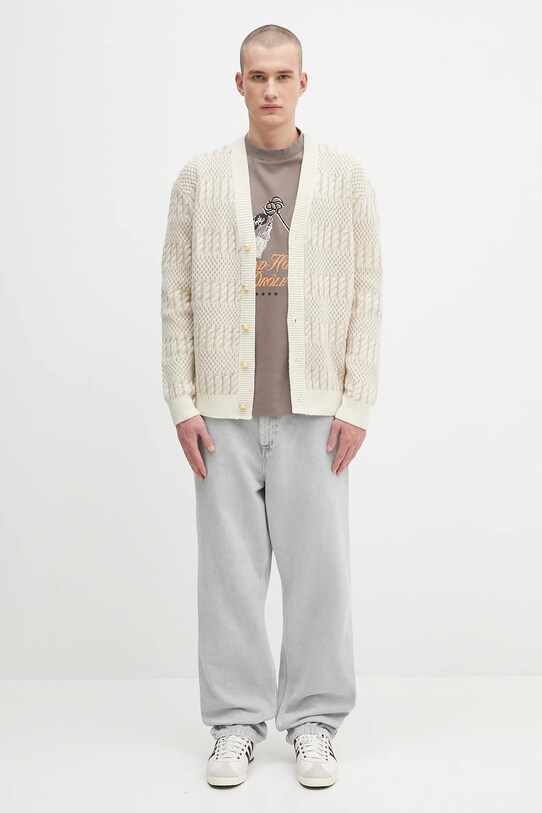 Drôle de Monsieur kardigan wełniany Le Cardigan Torsades Bicolore H.CA160.WO018 beżowy