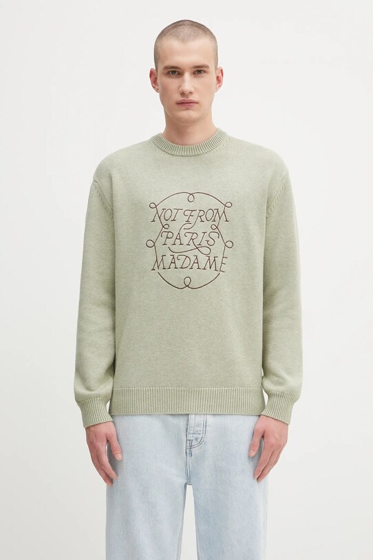 Drôle de Monsieur sweter wełniany La Maille Slogan Tresses okrągły zielony H.PO191.WO023