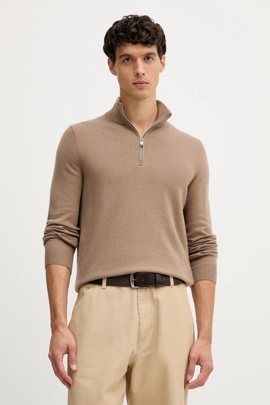 Joop! sweter z dodatkiem wełny zapinany brązowy 30048172