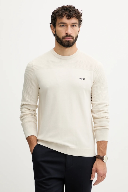 BOSS Green sweter z dodatkiem wełny okrągły beżowy 50547507