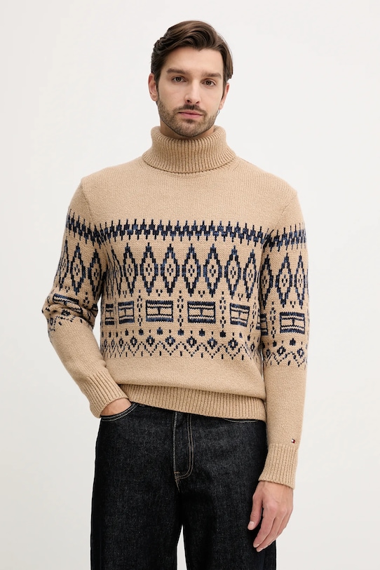 Пуловер с вълна Tommy Hilfiger поло бежов MW0MW40843