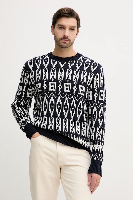 Sveter s prímesou vlny Tommy Hilfiger okrúhly tmavomodrá MW0MW42085