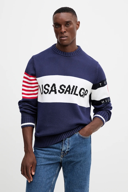 Bavlněný svetr Tommy Hilfiger x SAIL GP kulatý námořnická modř MW0MW41542