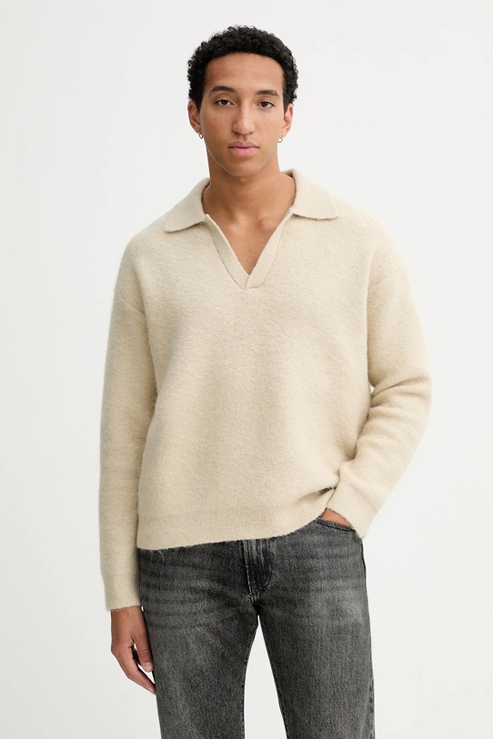 Calvin Klein sweter z dodatkiem wełny szpic beżowy LV04LD307G
