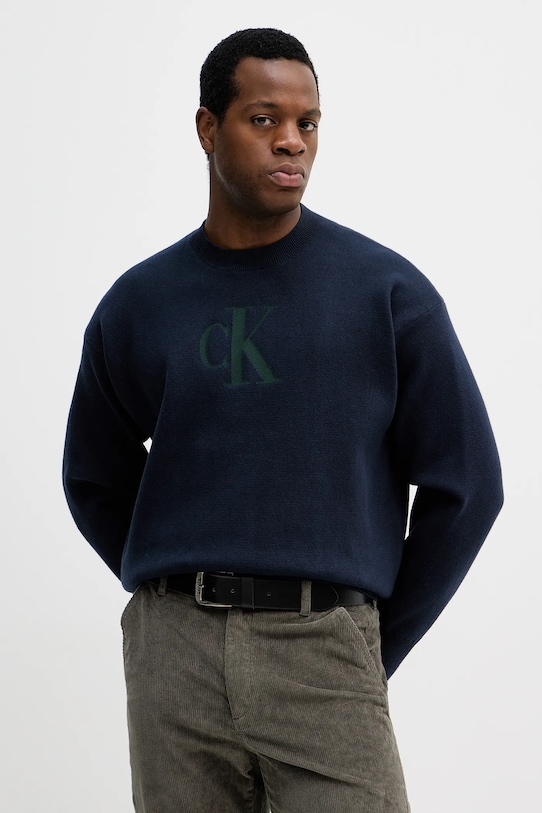Πουλόβερ με μείγμα κασμίρ Calvin Klein Jeans με μείγμα μαλλιού σκούρο μπλε LV04RD305G