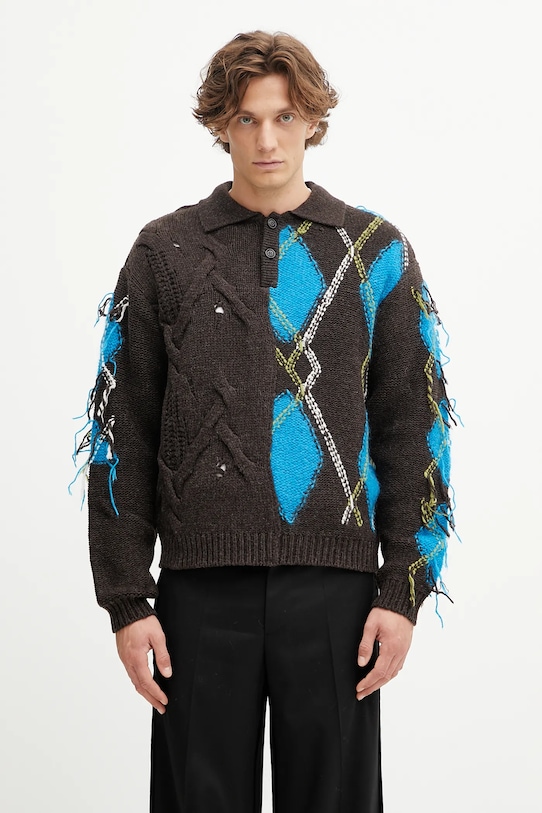 Andersson Bell sweter z wełną Argyle Fisherman Polo gruba brązowy atb1346m