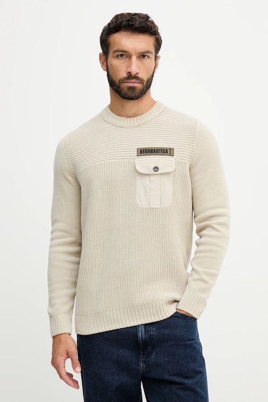Βαμβακερό πουλόβερ Aeronautica Militare απλικέ μπεζ MA1573UL00539