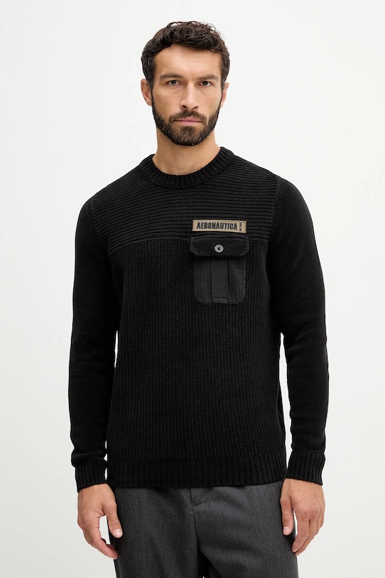 Bavlněný svetr Aeronautica Militare kulatý černá MA1573UL00539
