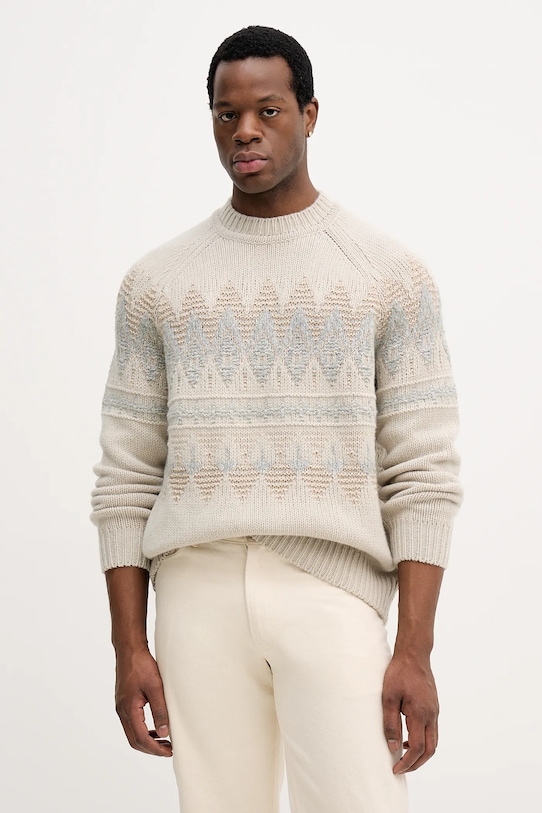 BOSS Orange sweter z dodatkiem wełny okrągły beżowy 50548686