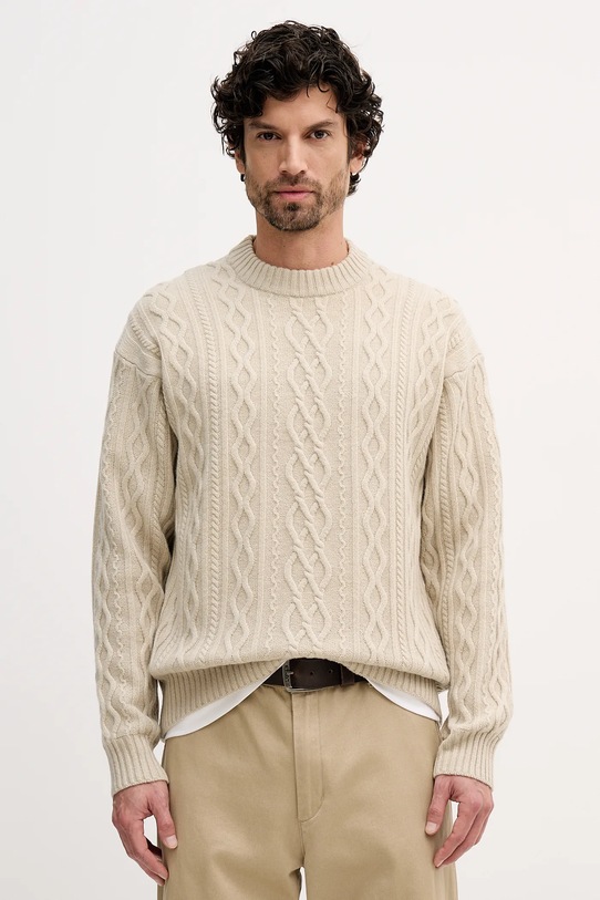 BOSS Orange sweter wełniany okrągły beżowy 50548689