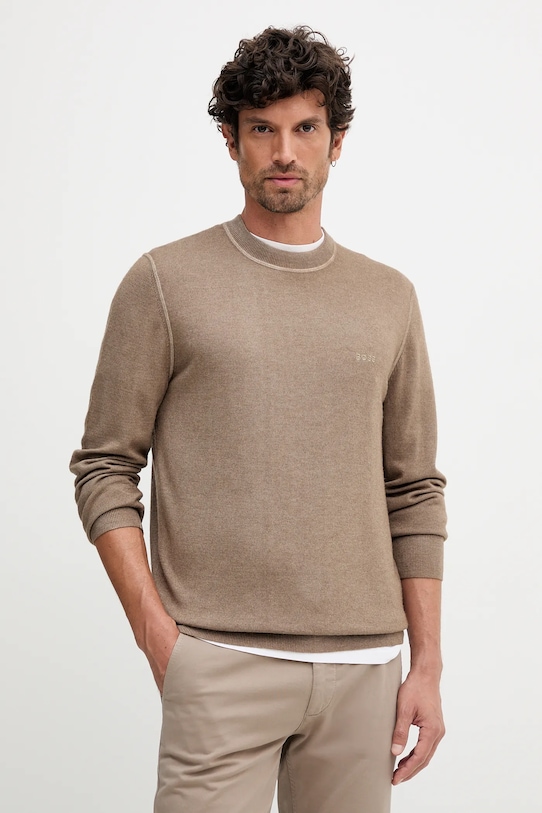 BOSS Orange sweter wełniany okrągły beżowy 50550534