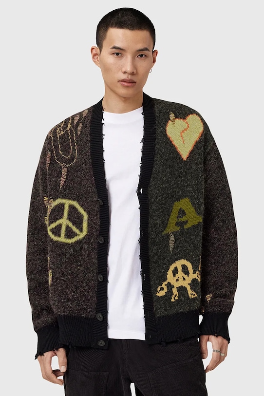 AllSaints cardigan din amestec de lână EMOTIVE cu modele negru M014KD