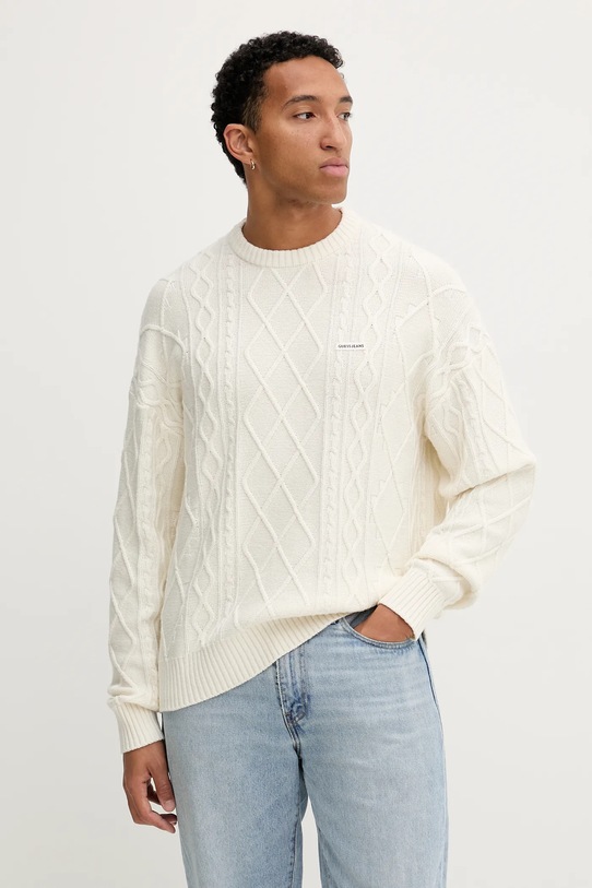 Guess Jeans sweter z dodatkiem wełny okrągły beżowy M5BR04.Z0561