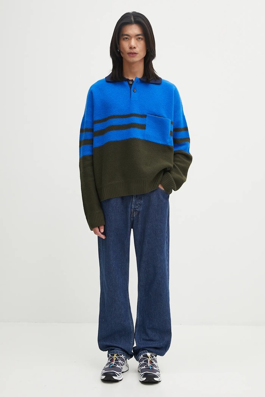 Wales Bonner sweter wełniany Calm Polo UA25KN15.WO15.750 niebieski