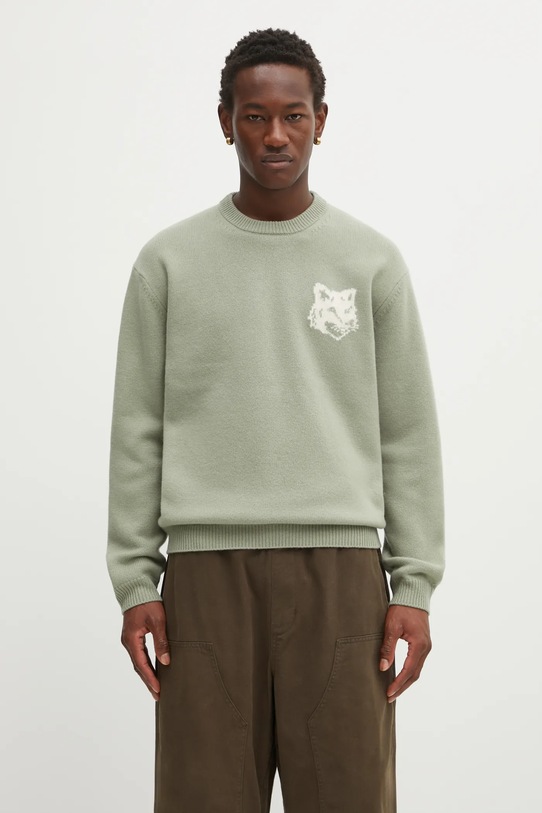 Maison Kitsuné sweter wełniany Fox Head Intarsia Merino okrągły zielony PM00816KM0329