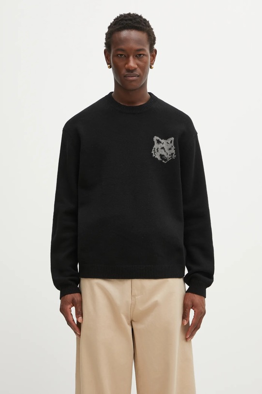 Maison Kitsuné sweter wełniany Fox Head Intarsia Merino okrągły czarny PM00816KM0329