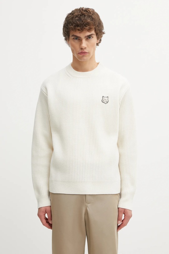 Maison Kitsuné sweter wełniany Fox Head Wool Ribbed okrągły beżowy PM00811KT1149