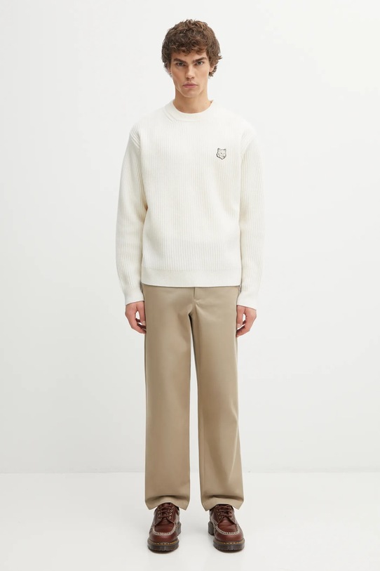 Maison Kitsuné sweter wełniany Fox Head Wool Ribbed PM00811KT1149 beżowy