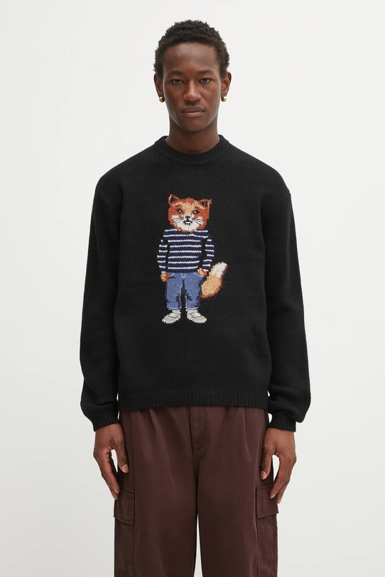 Maison Kitsuné sweter z dodatkiem wełny Dressed Fox Intarsia Wool okrągły czarny PM00806KH0002