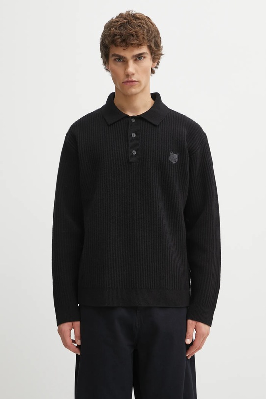 Maison Kitsuné sweter wełniany Fox Head Wool Ribbed Polo gruba czarny PM00213KT1149