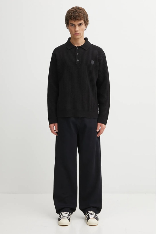 Maison Kitsuné sweter wełniany Fox Head Wool Ribbed Polo PM00213KT1149 czarny