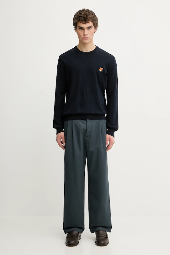 Vlnený sveter Maison Kitsuné Fox Head Merino Regular PM00801KT1181 tmavomodrá