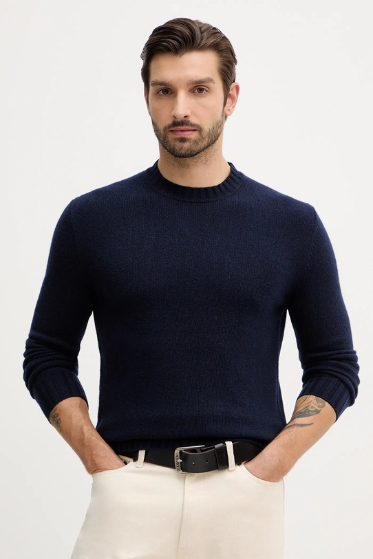 Sisley sweter z dodatkiem wełny okrągły granatowy 18AYS104L