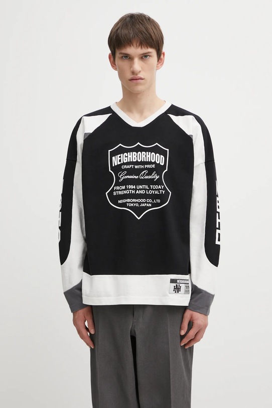 NEIGHBORHOOD longsleeve bawełniany HOCKEY wzorzyste czarny 252FPNH.CSM14