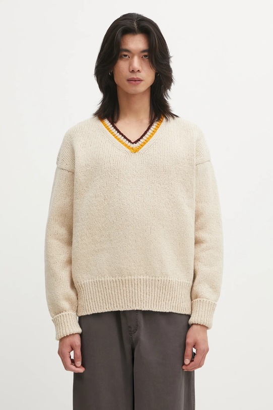 Visvim sweter wełniany COLLEGE V-NECK szpic beżowy 043851