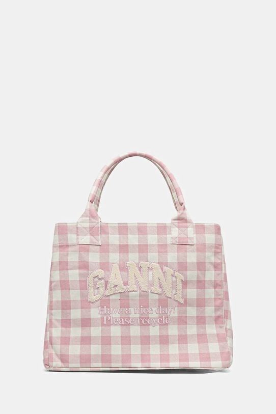 GANNI torebka bawełniana Shopper XXL Pocket Vichy wzorzyste różowy A6894